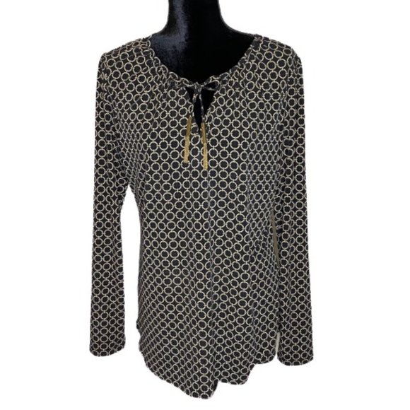 Michael by Michael Kors Blouse Womens Large Geometric Peasant Top Black Tan - Picture 2 of 14